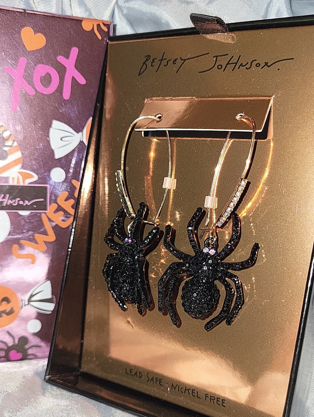 Betsey Johnson Black Glitter Spider Damgle Earrings Bnib Ta
